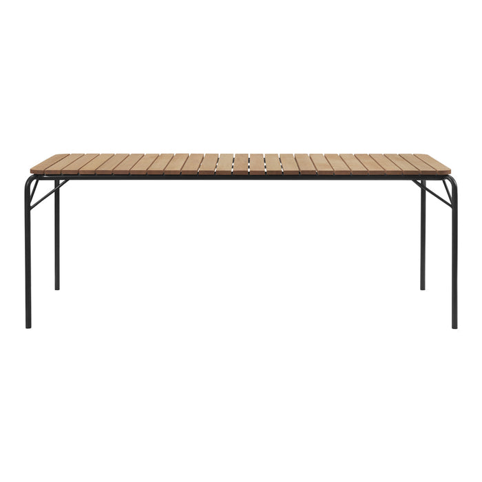 Wooden tabletop in warm brown with slatted design, paired with sleek black metal legs. Modern, minimalist aesthetic.