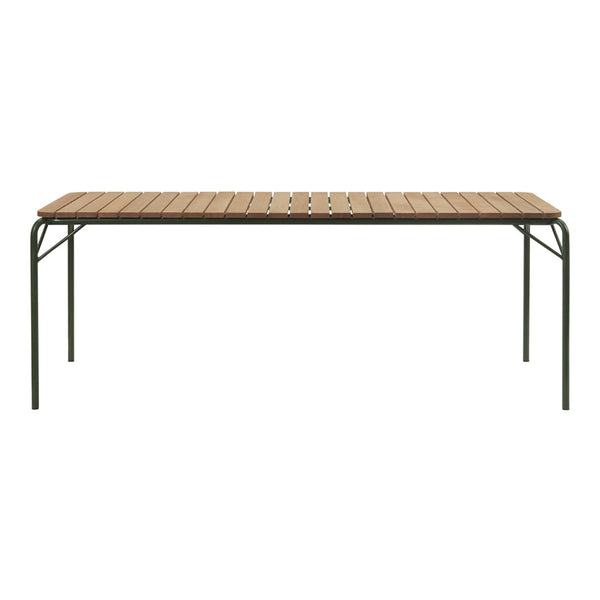 Rectangular table with a natural wood finish and green metal legs, featuring horizontal slats for a modern look.
