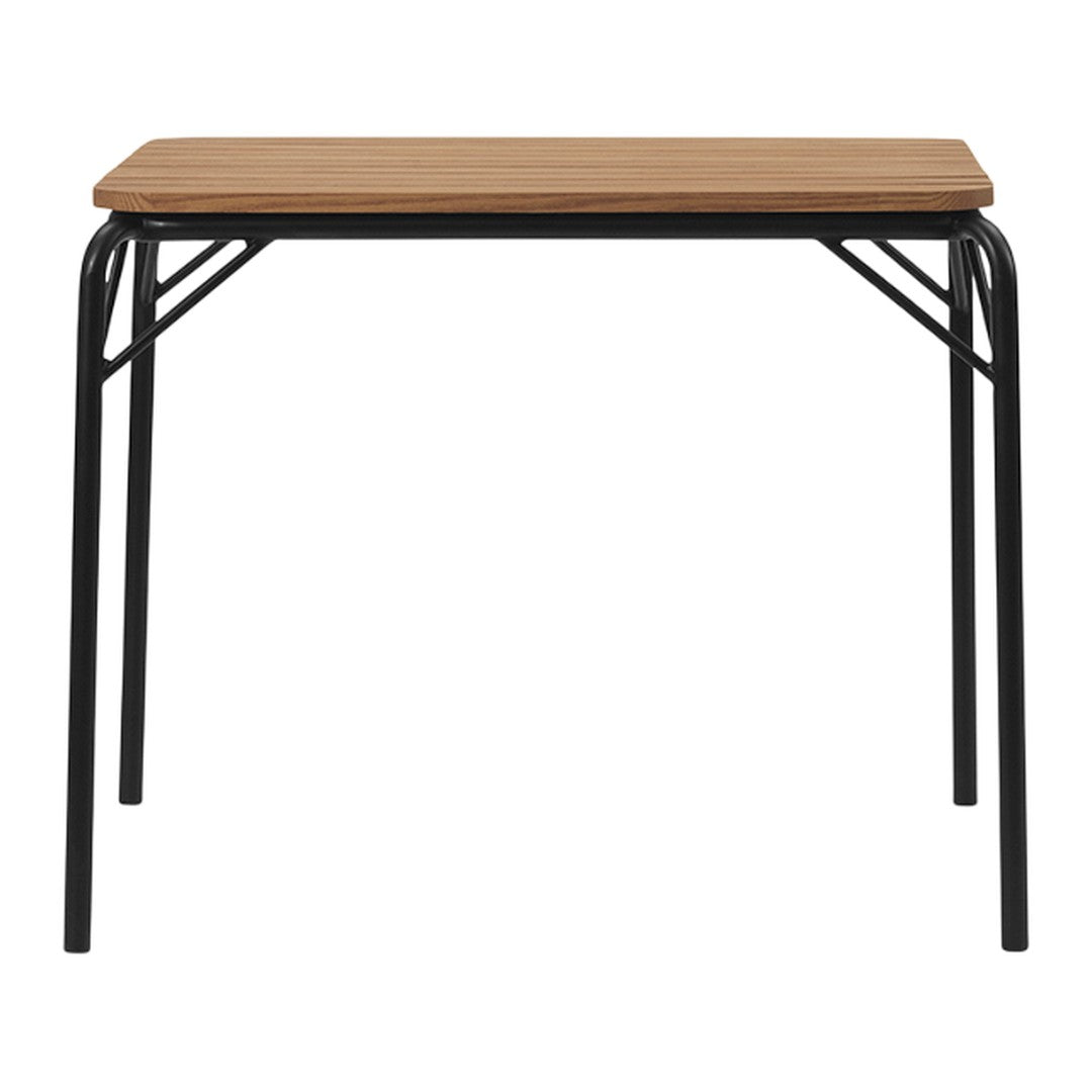 Light brown wooden tabletop with a smooth finish, supported by sleek black metal legs. Modern and minimalist design.