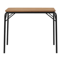Light brown wooden tabletop with a smooth finish, supported by sleek black metal legs. Modern and minimalist design.