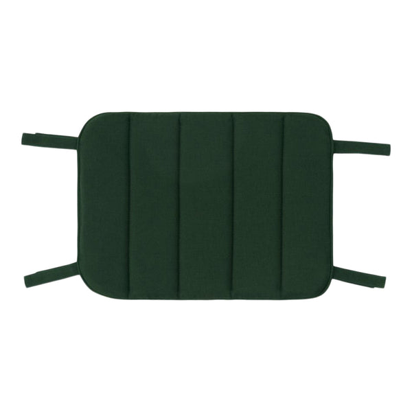 Dark green rectangular cushion with a textured, quilted pattern and four securing ties on each corner.