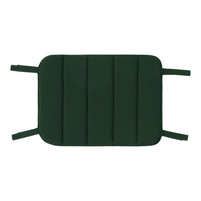 Dark green rectangular cushion with a textured, quilted pattern and four securing ties on each corner.