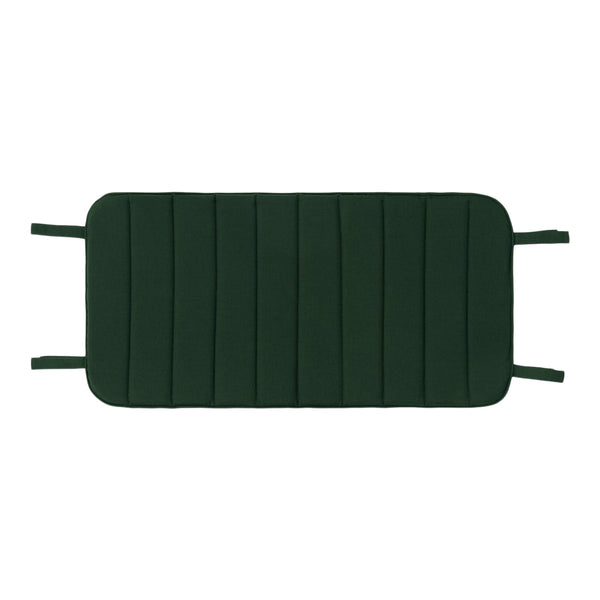 Dark green rectangular cushion with a quilted pattern and side ties. Ideal for outdoor seating.