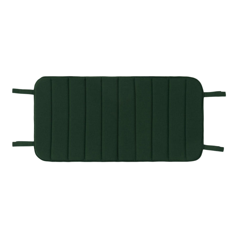 Dark green rectangular cushion with a quilted pattern and side ties. Ideal for outdoor seating.