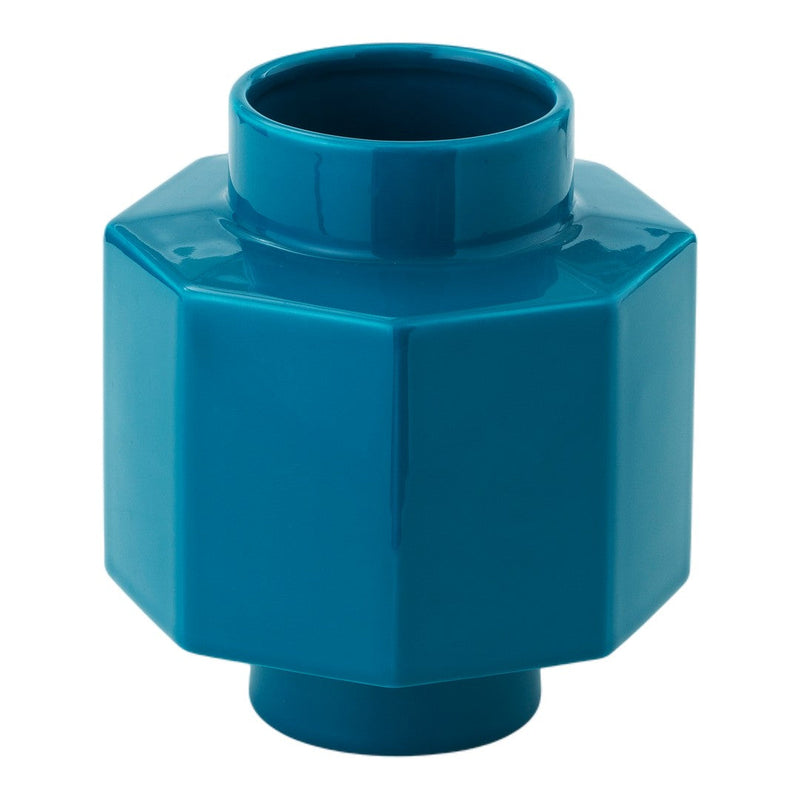 Teal hexagonal ceramic vase with a glossy finish, showcasing a modern geometric pattern.