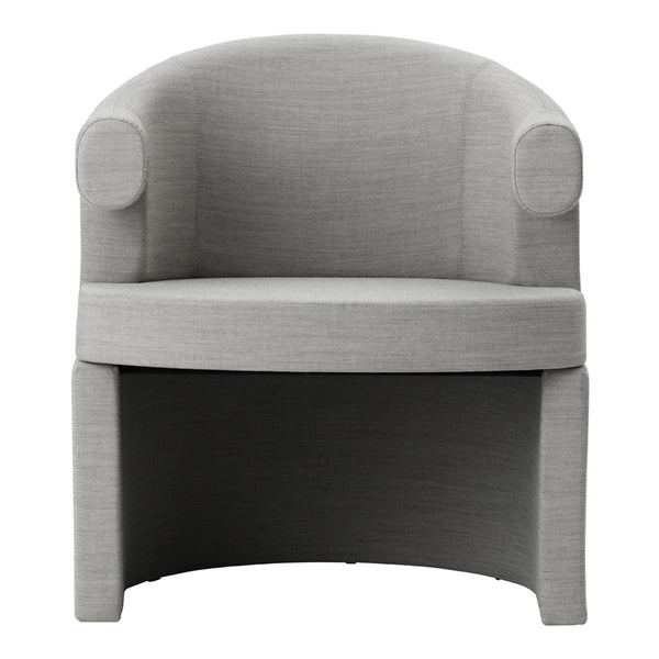 Gray upholstered chair with a smooth texture and rounded armrests, adding modern elegance to any space.