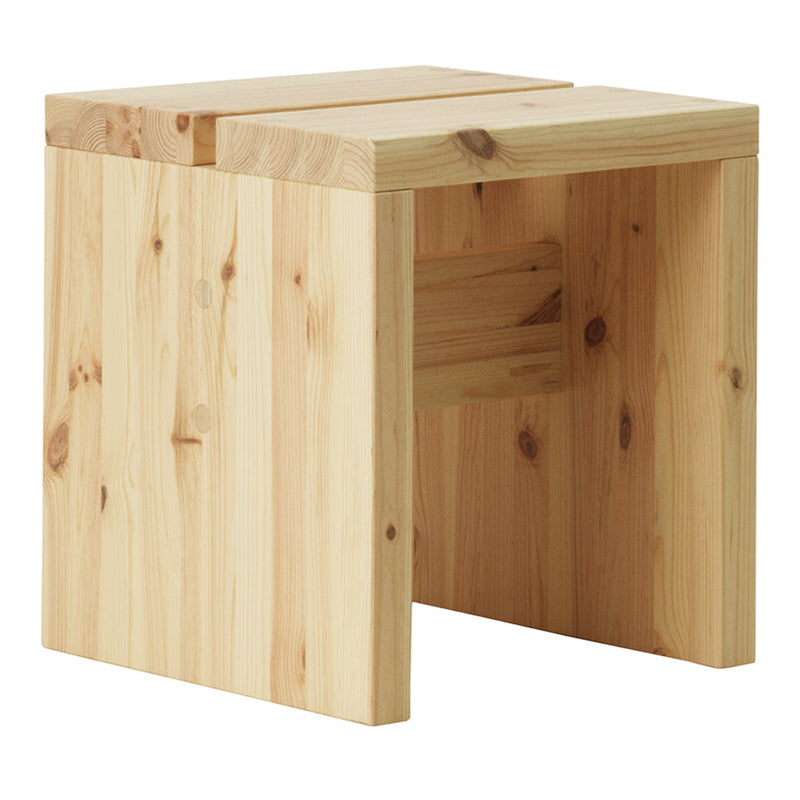 Natural wood stool with a light pine finish and minimalistic design. Simple, clean lines and smooth texture.