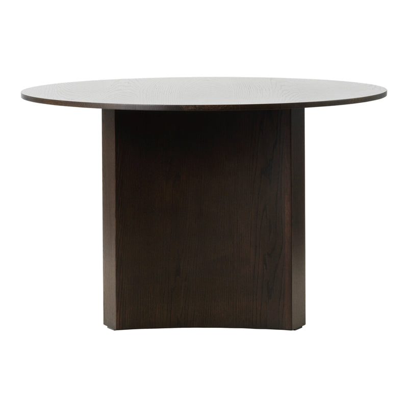 Round wooden table with a dark brown finish and a sleek, minimalist design.