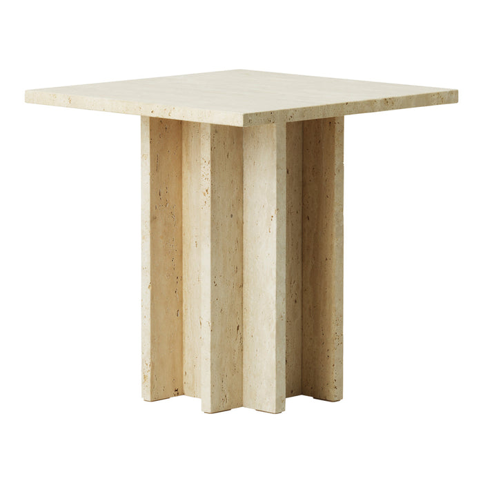 Light beige square side table with a textured, multi-column base. Modern minimalist design.