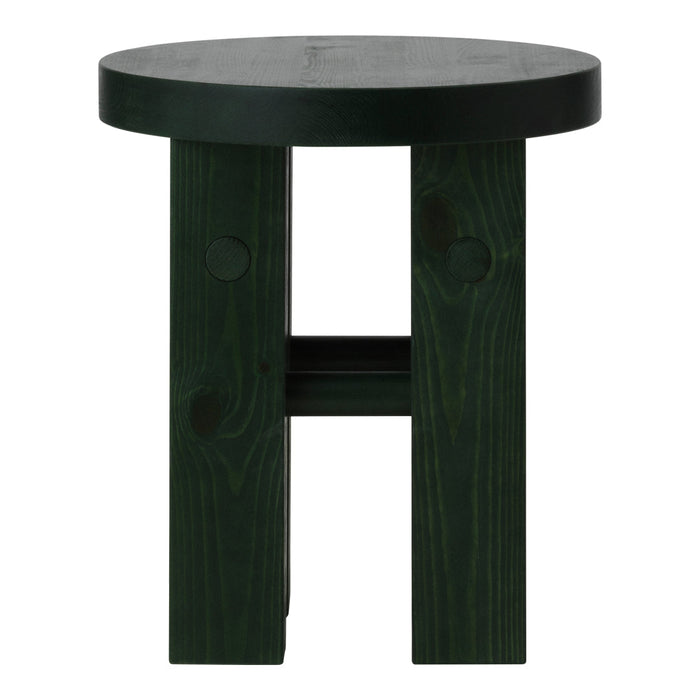 Green wooden stool with a round top and sturdy legs, featuring a natural wood grain pattern.