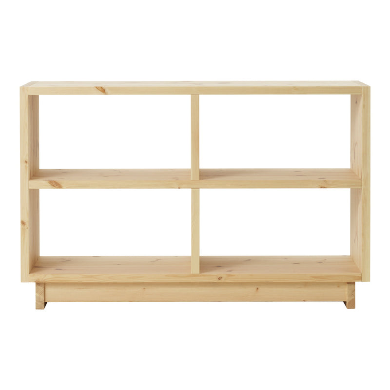 Light wood shelving unit with a natural finish, featuring a simple, minimalist design and open compartments.