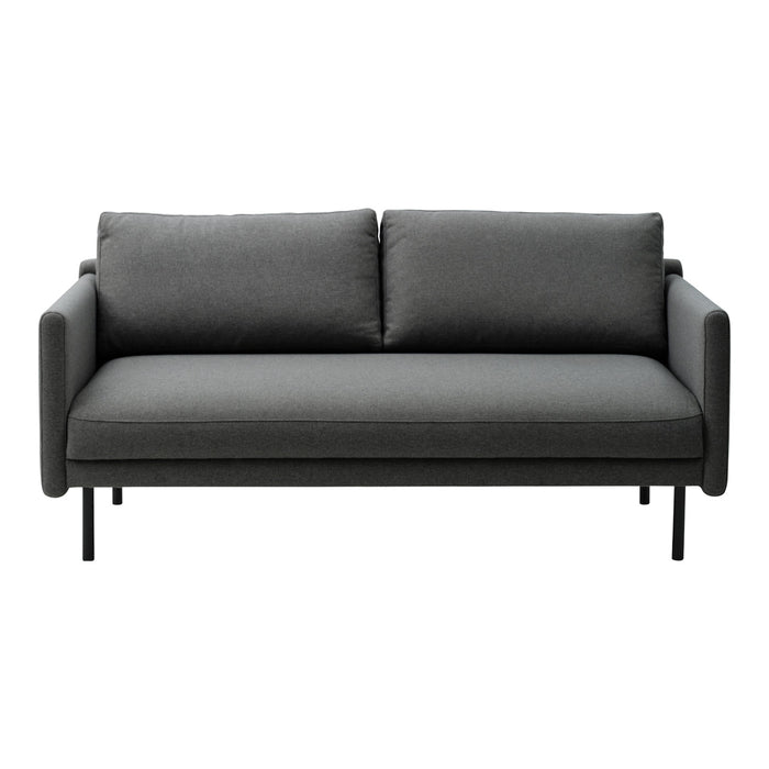Stylish gray fabric loveseat with clean lines and minimalist black legs, perfect for modern decor.