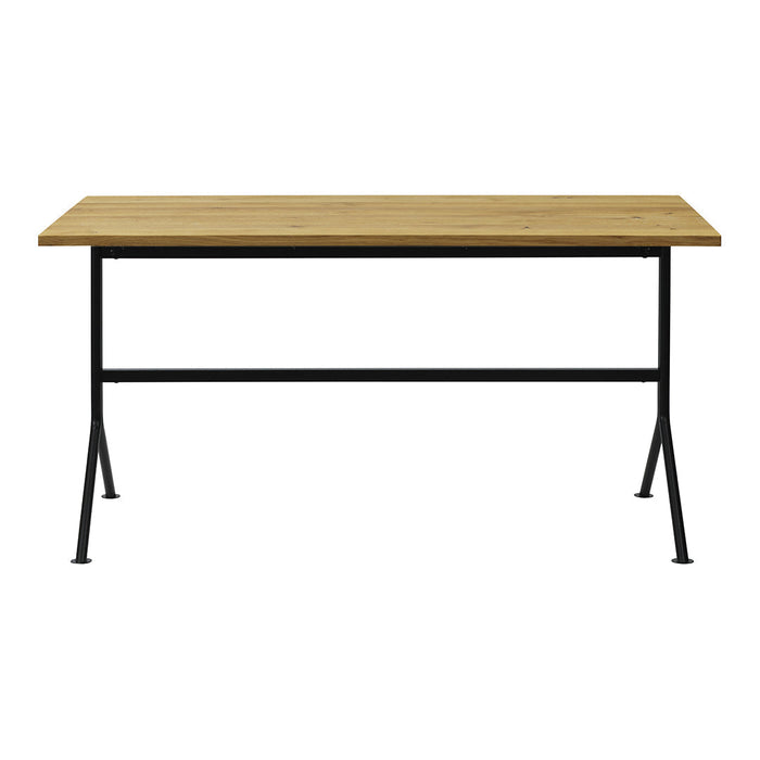 Natural wood table with a light oak finish, featuring a sleek black metal frame and minimalist design.