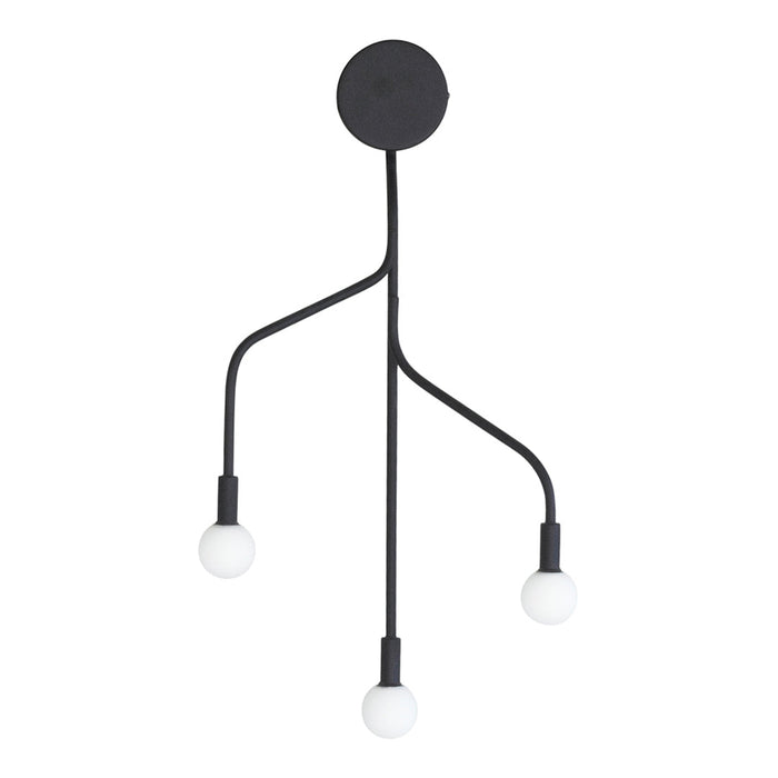 Sleek black ceiling light fixture with three white bulbs, featuring a minimalist design and contemporary style.