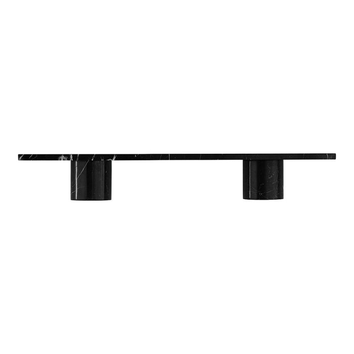 Black marble tabletop with a polished finish, featuring two cylindrical black supports for a modern look.