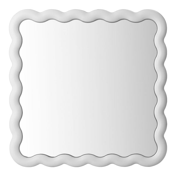 White scalloped mirror with a smooth, glossy finish. Perfect for adding a touch of elegance to any space.