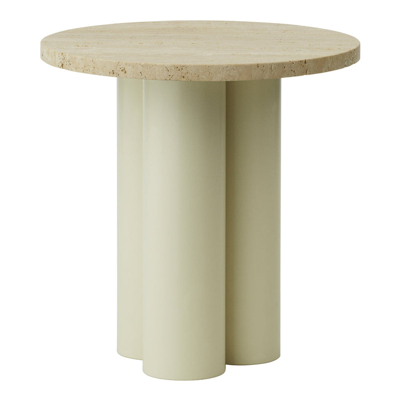Round table featuring a neutral stone top and soft green, cylindrical legs, ideal for modern decor.