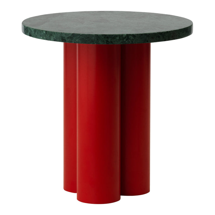 Round table with a dark green marble top and three vibrant red cylindrical legs. Modern and bold design.
