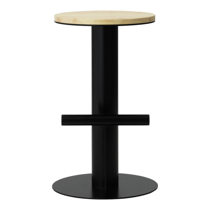 Black and natural wood bar stool with a sleek, minimalist design and circular base. Perfect for modern interiors.