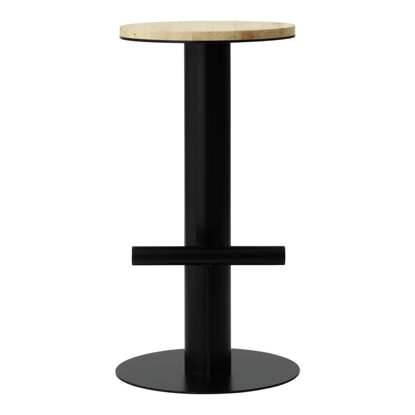 Black metal barstool with a round natural wood top and minimalistic design. Perfect for modern decor.