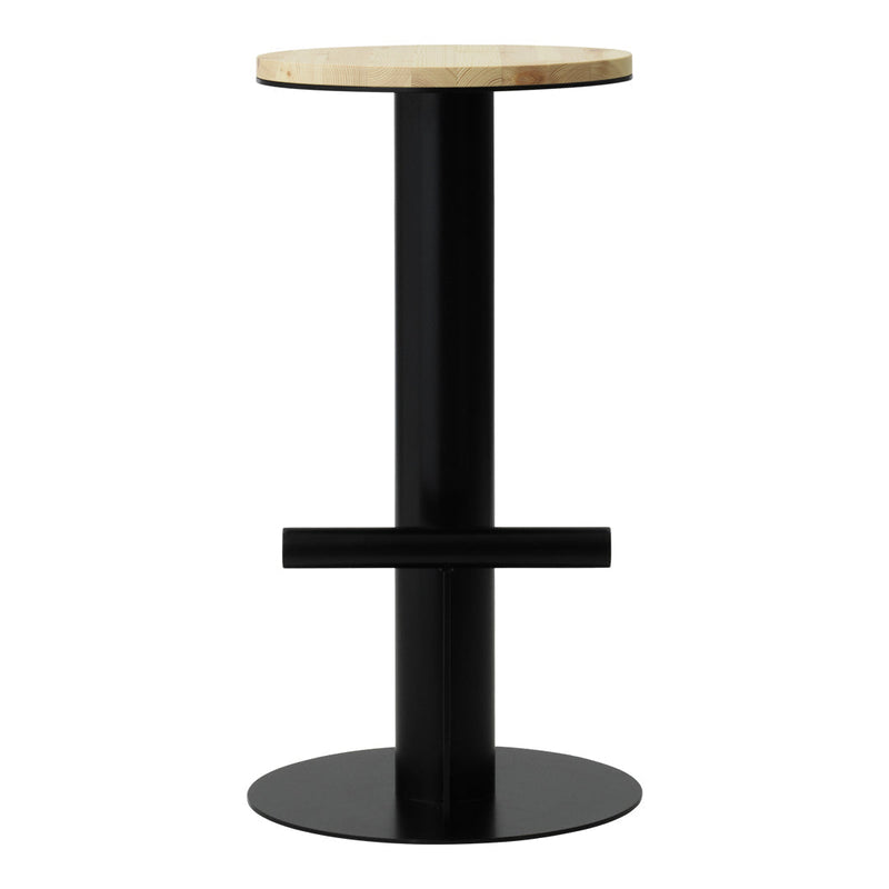 Black metal barstool with a round natural wood top and minimalistic design. Perfect for modern decor.