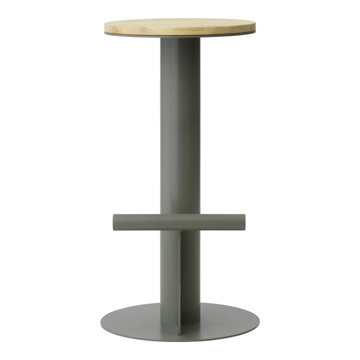 Metallic gray base with wood top, featuring a smooth finish and modern, minimalistic design.