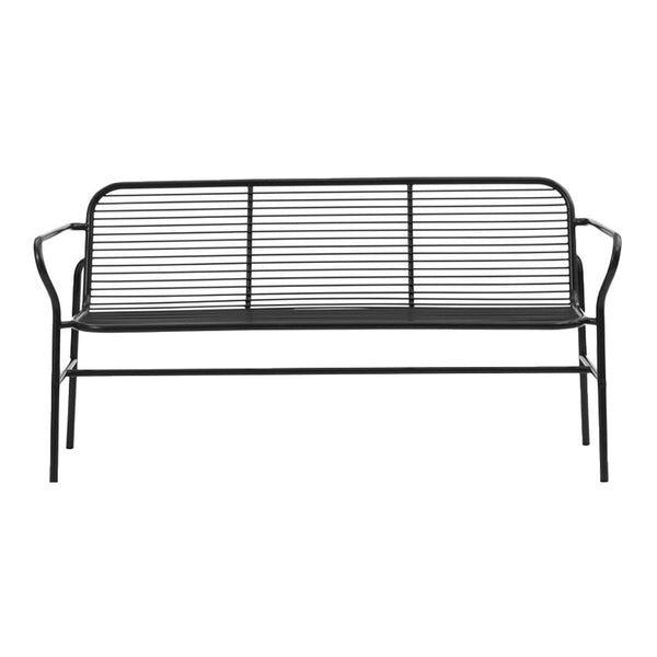 Stylish black metal bench with sleek horizontal slat design, perfect for modern outdoor or indoor spaces.