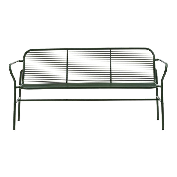 Green metal bench with a slatted design, featuring a sleek and minimalist look. Perfect for outdoor spaces.