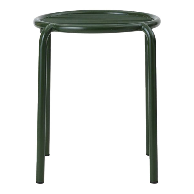 Green metal stool with a sleek, minimalist design and smooth, round top. Sturdy legs, perfect for indoor or outdoor use.