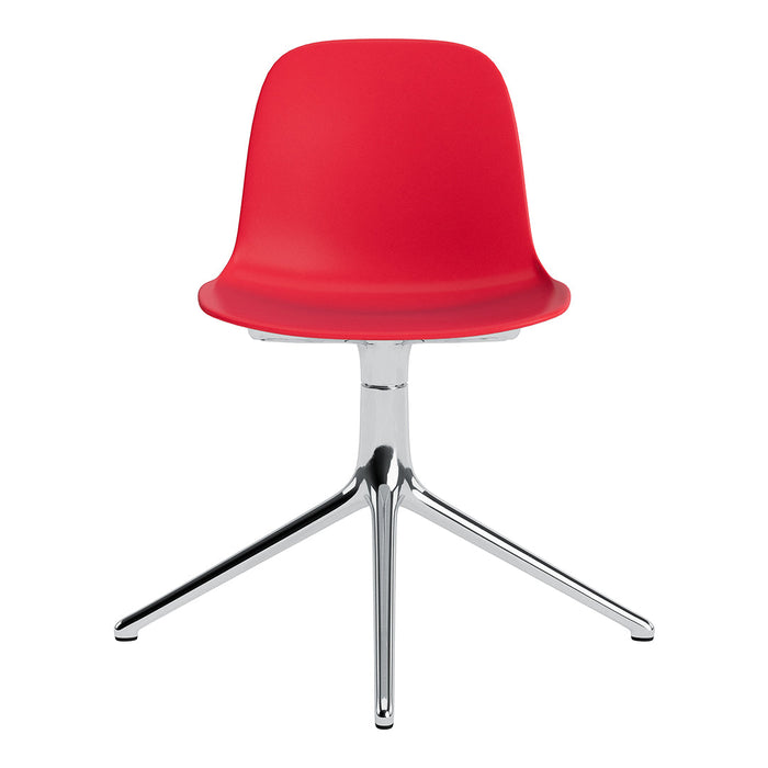 Red plastic modern chair with a sleek chrome base, featuring a smooth, minimalist design. Perfect for contemporary spaces.
