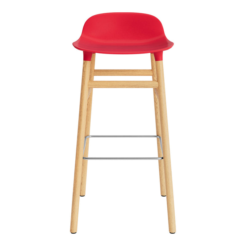 Red high chair with a smooth seat and natural wood legs featuring a stainless steel footrest. Modern and stylish design.