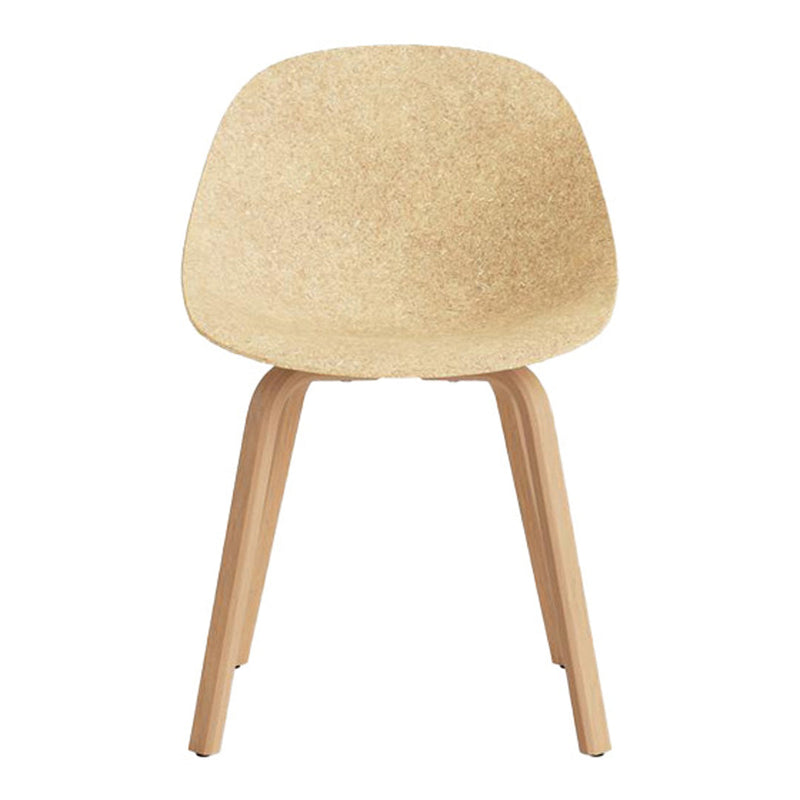 Light beige chair with a smooth, cushioned seat and natural wood legs, featuring a minimalist design.
