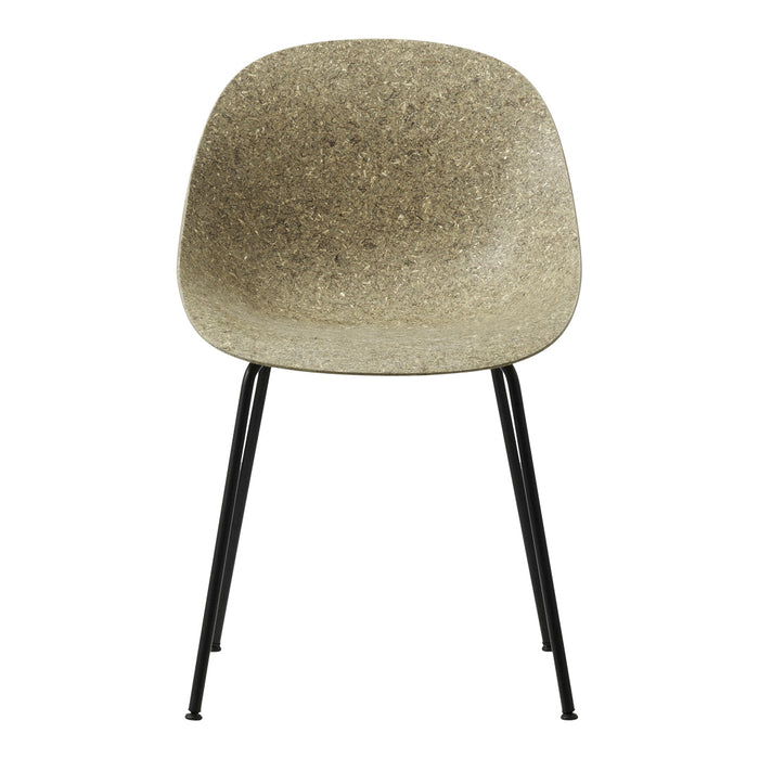 Neutral speckled beige chair with a smooth finish and sleek black metal legs.