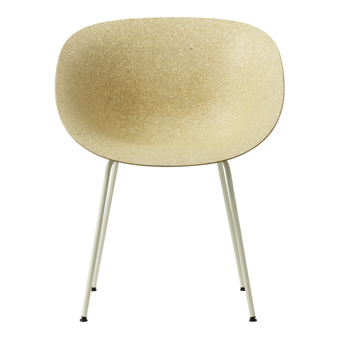 Beige ergonomic chair with a smooth, textured surface and slender metal legs, perfect for modern decor.