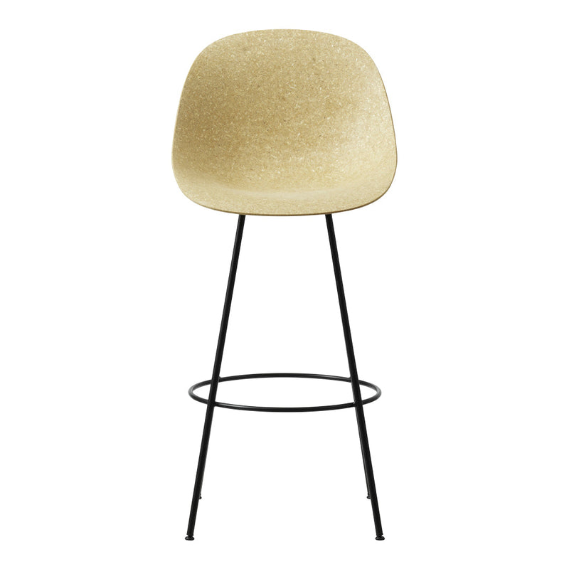 Beige textured bar stool with a sleek black metal frame and minimalist design, perfect for modern decor.