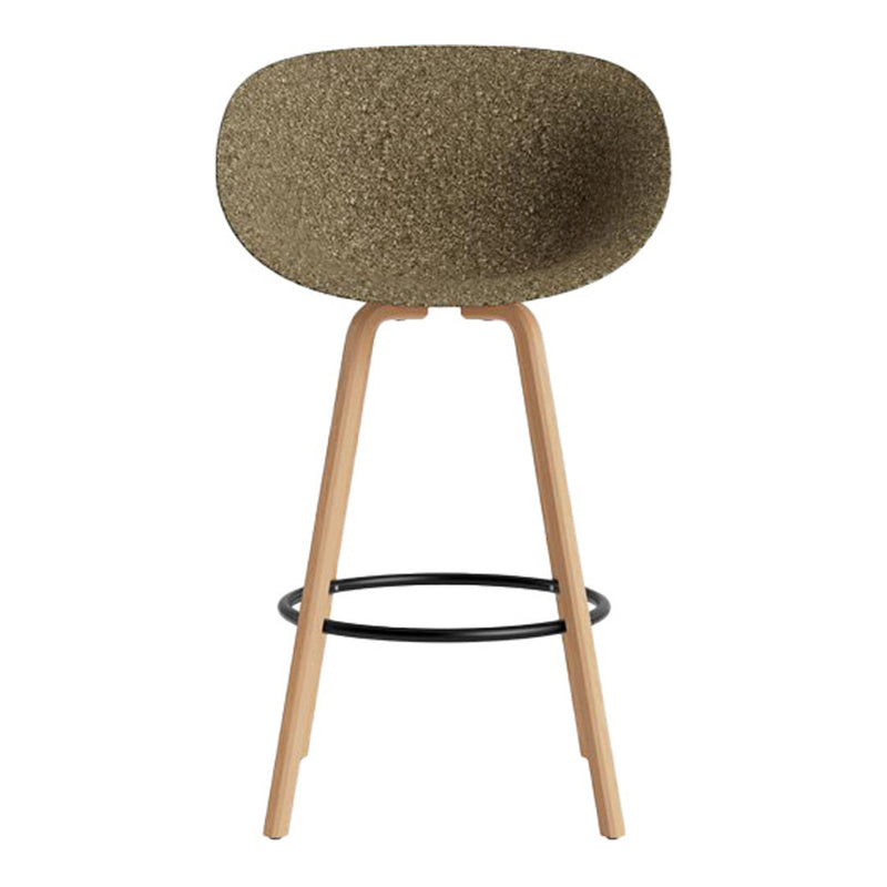 Textured olive green seat with natural wood legs and a black metal footrest, creating a modern, stylish look.
