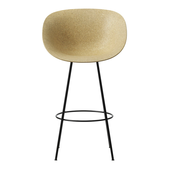Beige textured seat on sleek black metal legs, minimalist design with smooth curves. Ideal for modern spaces.