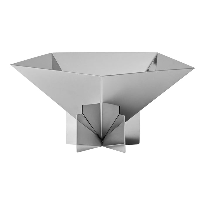 Sleek metallic silver bowl with a geometric design and sharp angles, perfect for modern decor.