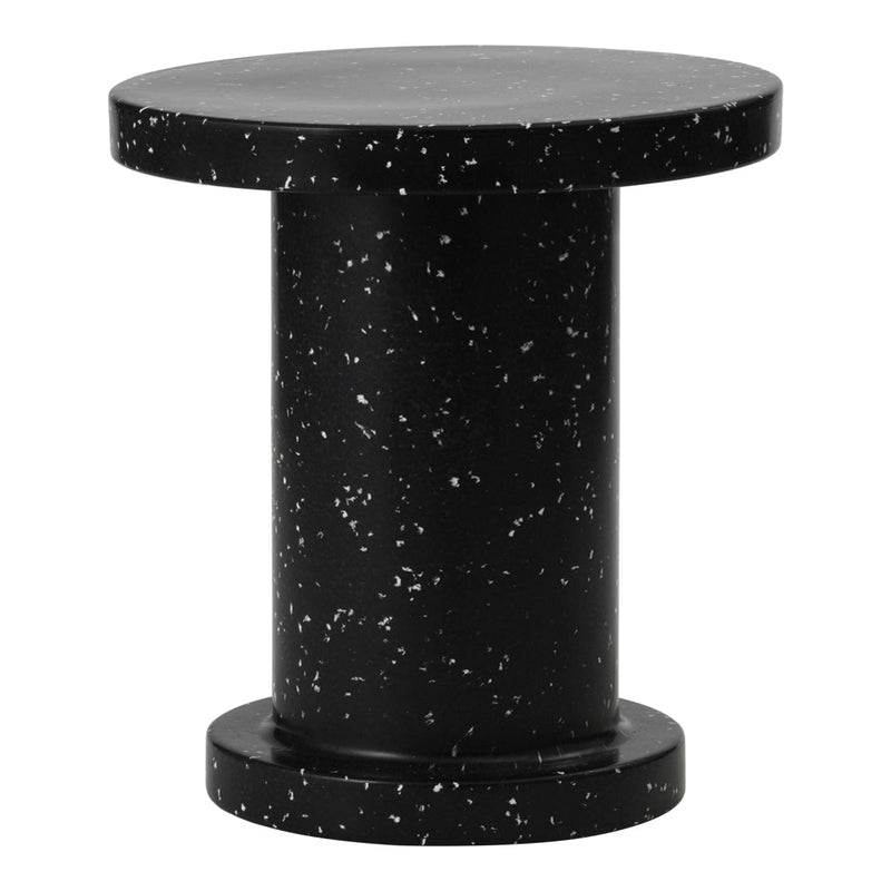 Black cylinder table with a speckled surface, featuring white flecks for a modern, stylish look.