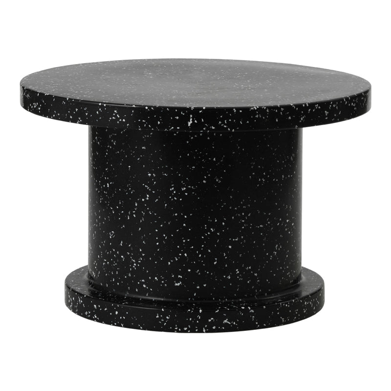 Round black table featuring a speckled pattern for a modern, minimalist look. Ideal for contemporary decor.
