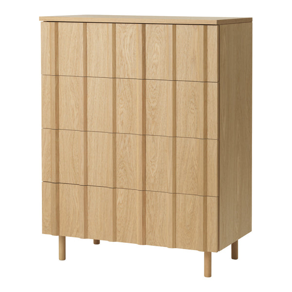Light oak chest of drawers with a minimalist design, featuring vertical paneling and natural wood grain.