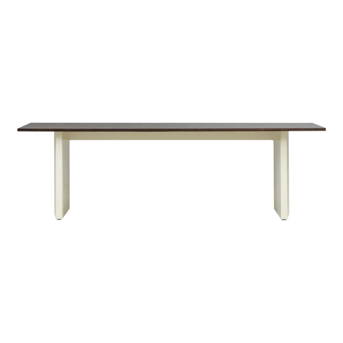 Light cream base with a rich dark wood top, featuring a smooth, minimalist design. Perfect for modern decor.