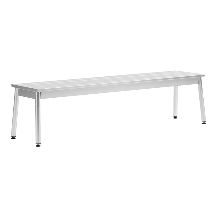 Sleek, minimalist white table with a smooth surface and sturdy silver legs, perfect for modern decor.