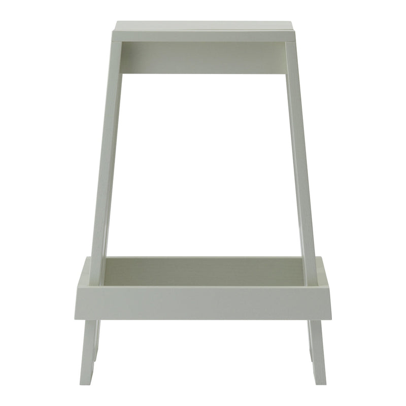 Light gray wooden stand with a minimalist design, featuring clean lines and a solid rectangular platform.