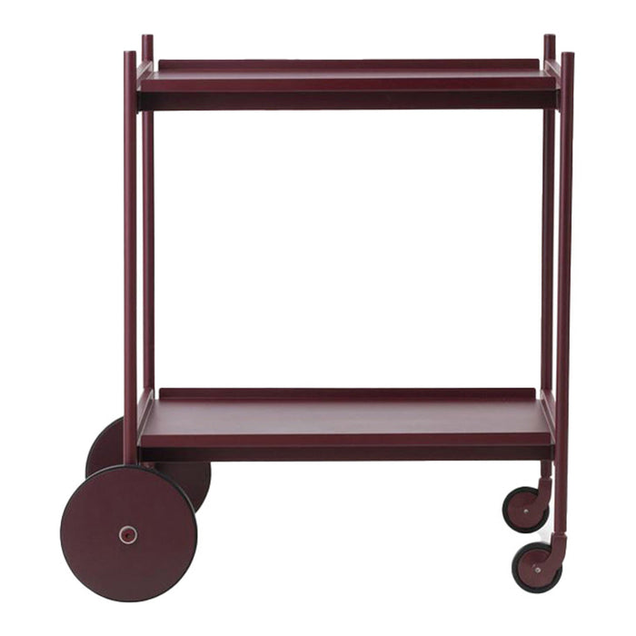 Maroon metal serving cart with a sleek design and smooth wheels, featuring two spacious shelves for stylish organization.