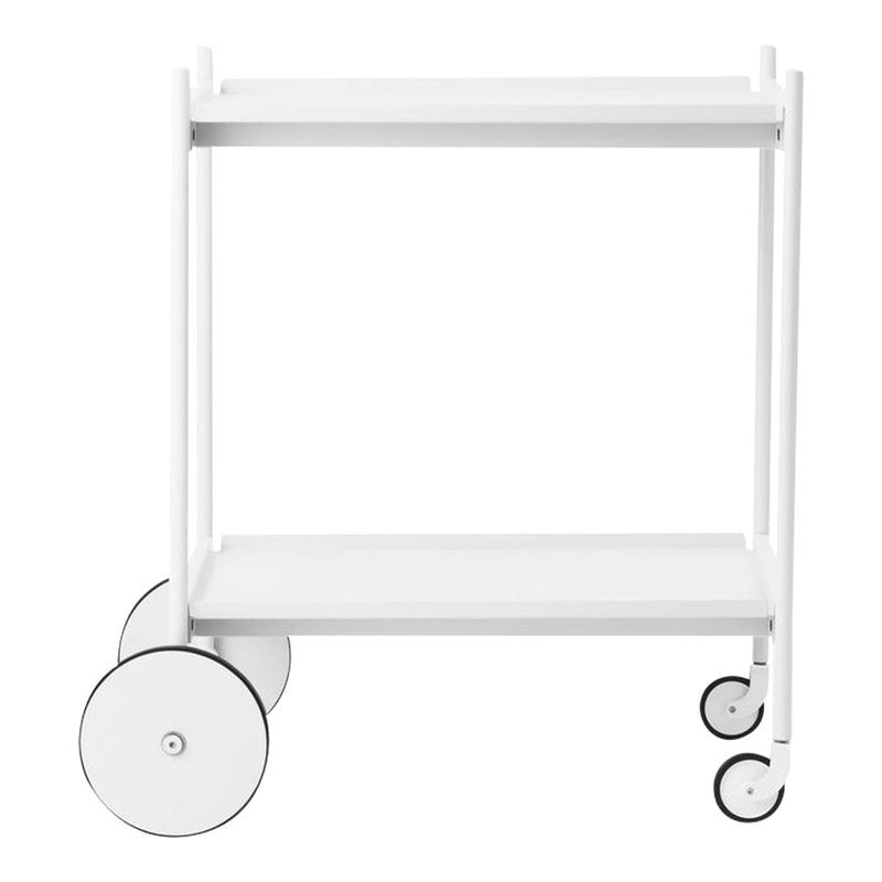 White rolling cart with minimalist design and smooth black wheels. Clean lines and modern aesthetic for versatile use.