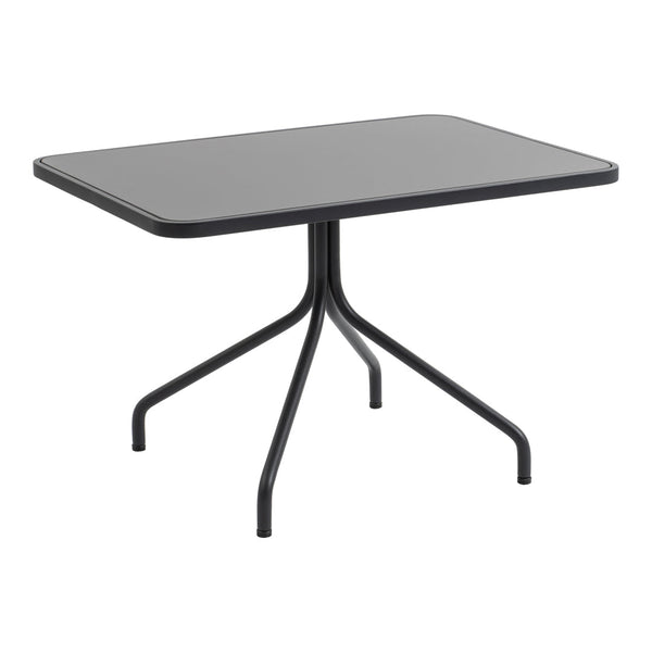 Rectangular black table with a smooth surface and sleek metal legs in a minimalist design. Ideal for modern spaces.