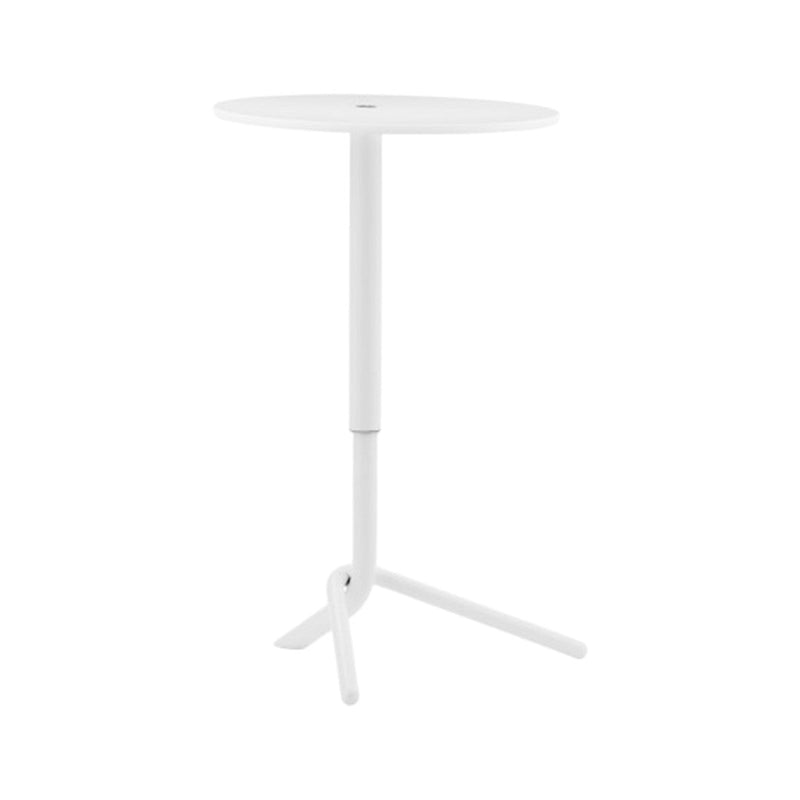 White round side table with a minimalist design and smooth surface, featuring a sleek white metal base.