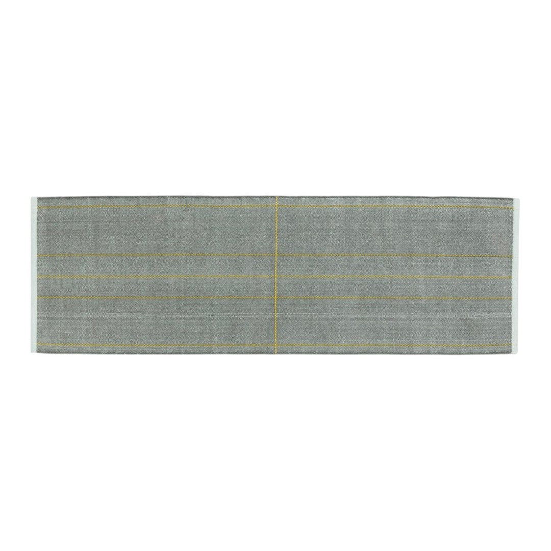 Gray textile runner with subtle yellow and green striped accents, adding a modern touch to your decor.
