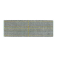 Gray textile runner with subtle yellow and green striped accents, adding a modern touch to your decor.